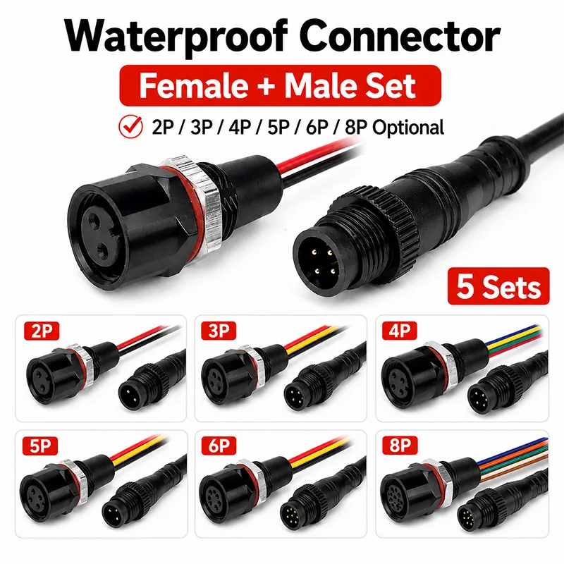 M12 IP65 Waterproof Metal Panel Mount Connector 2 3 4 5 6 8 Pin Female Socket Male Plug Pigtail Cable 5PCS 5 Matched Set Choices