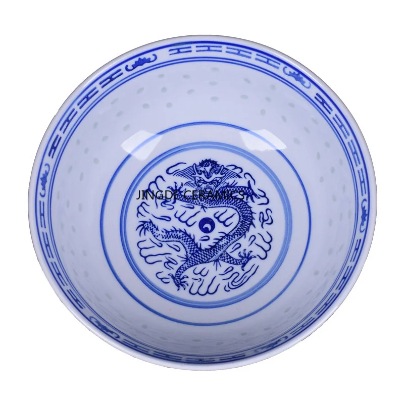 Ceramic Tableware Blue And White Porcelain Ramen Soup Bowl Chinese Rice Bowls Dragon Pattern Vintage Dinnerware