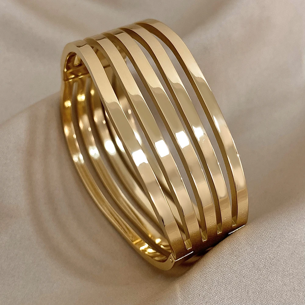 

Stainless Steel Bangles Bracelets Multi-layered Line Wide Cuff for Women Vintage Fashion Versatile Hinged Waterproof Jewelry