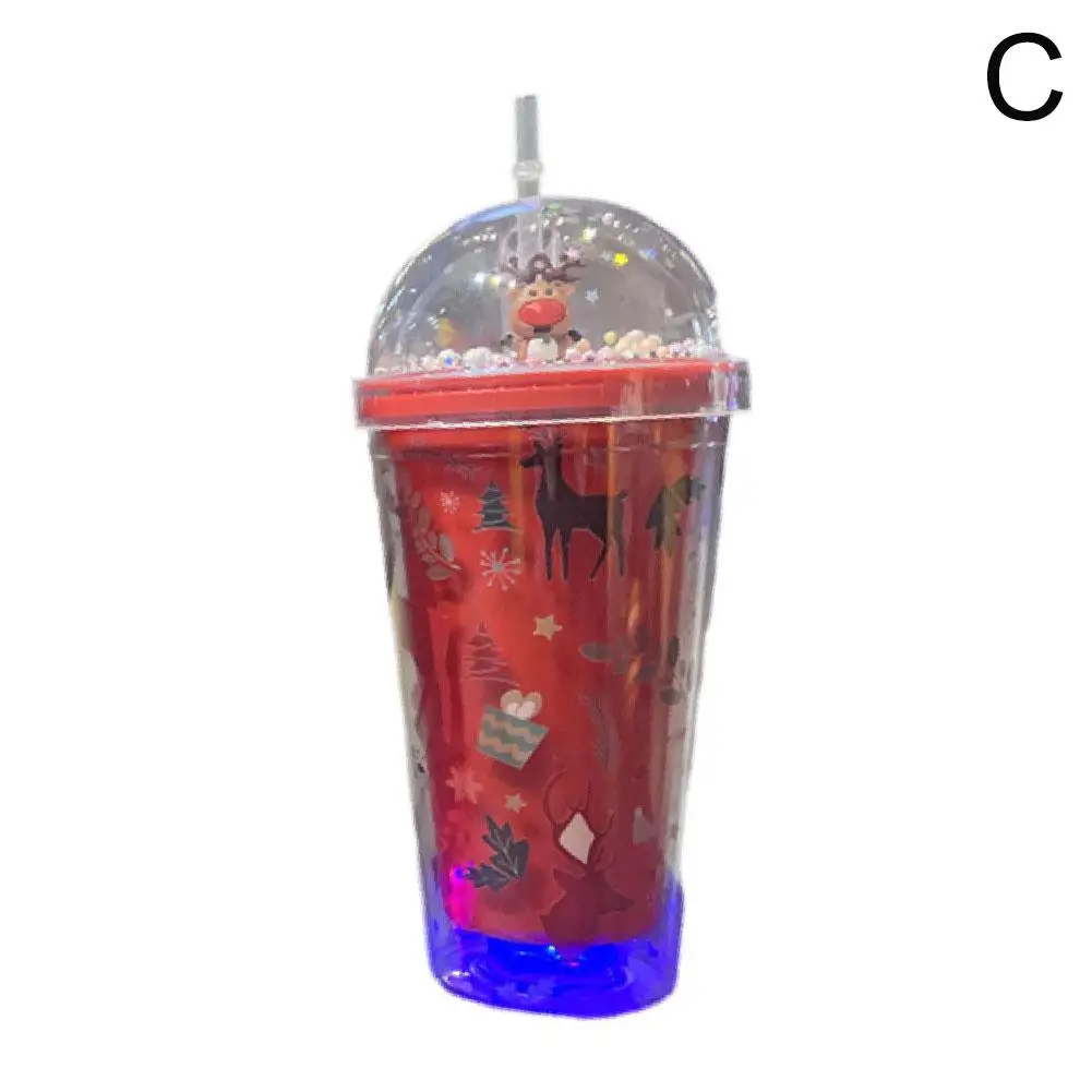 Tasse à glace de Noël avec dessin animé léger, grande beauté, double couche, grande capacité d'eau, paille en plastique, 400-500ml, V5p3