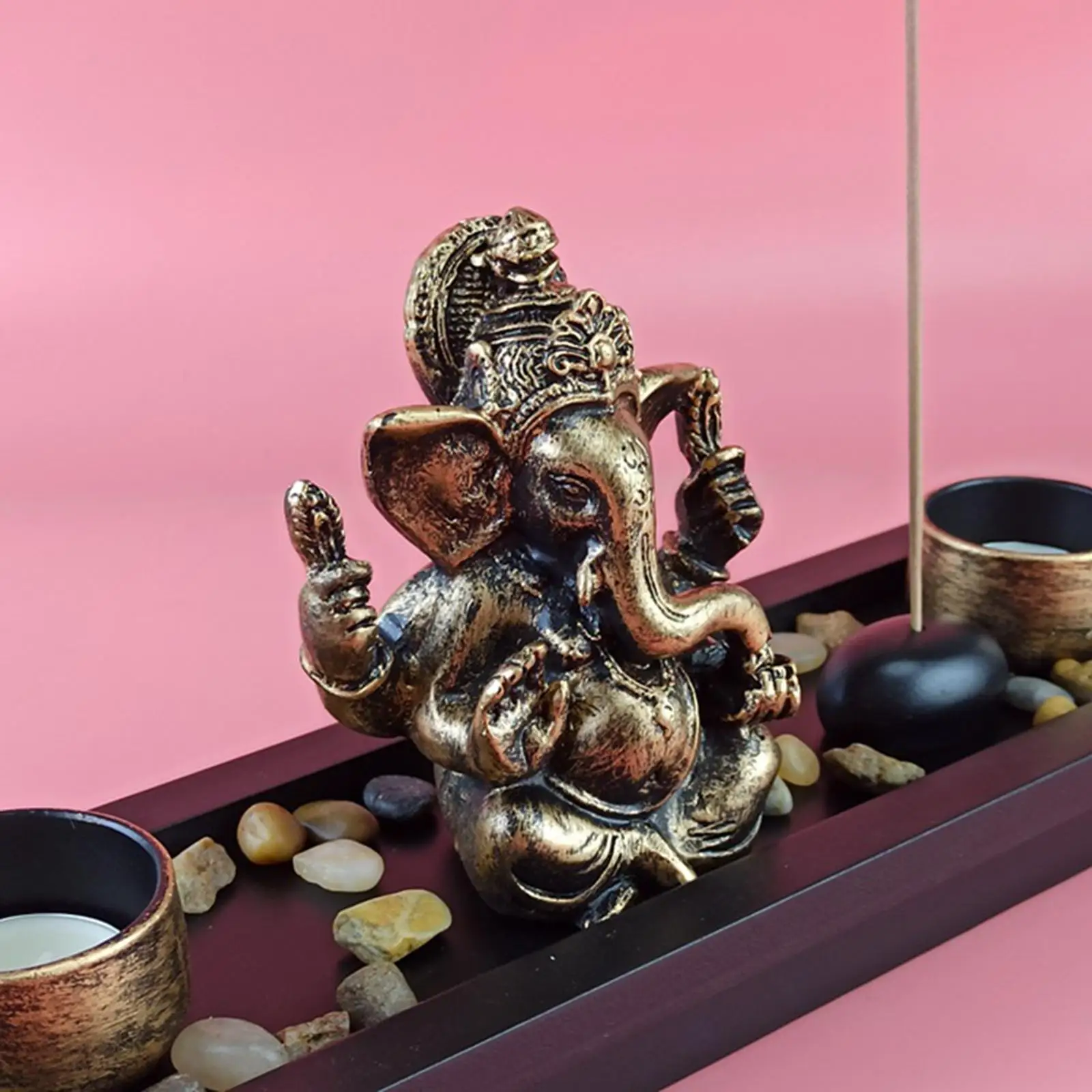 Hindu God Lord Ganesha Statue Wooden Tray with Candle Holder Blessing Ganesh