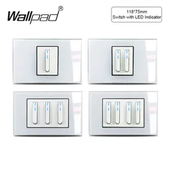 118*75mm 1 2 3 4 Gang Light Wall Switch With LED Wallpad White Glass Panel US BR AU IL Push Button Pass Cross Switch 110V 220V