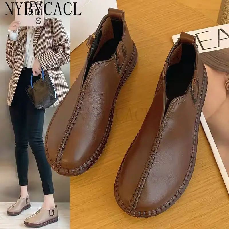 Spring and Fall Genuine Leather Ankle Boots Handmade Lady Soft Flat Shoes Comfortable Casual Moccasins Fashion Vulcanized Shoe