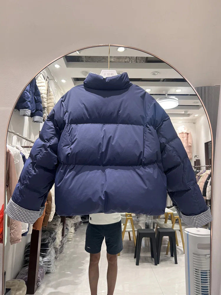 سترة شتوية جديدة على الطراز الكوري لعام 2025 بياقة واقفة وشبكة ربط واحدة الصدر عصرية غير رسمية من ريش البط الأبيض