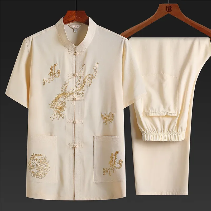 Men's Black Tang Suit Set Short Sleeve Mandarin Collar Embroidered Linen Casual Two-Piece