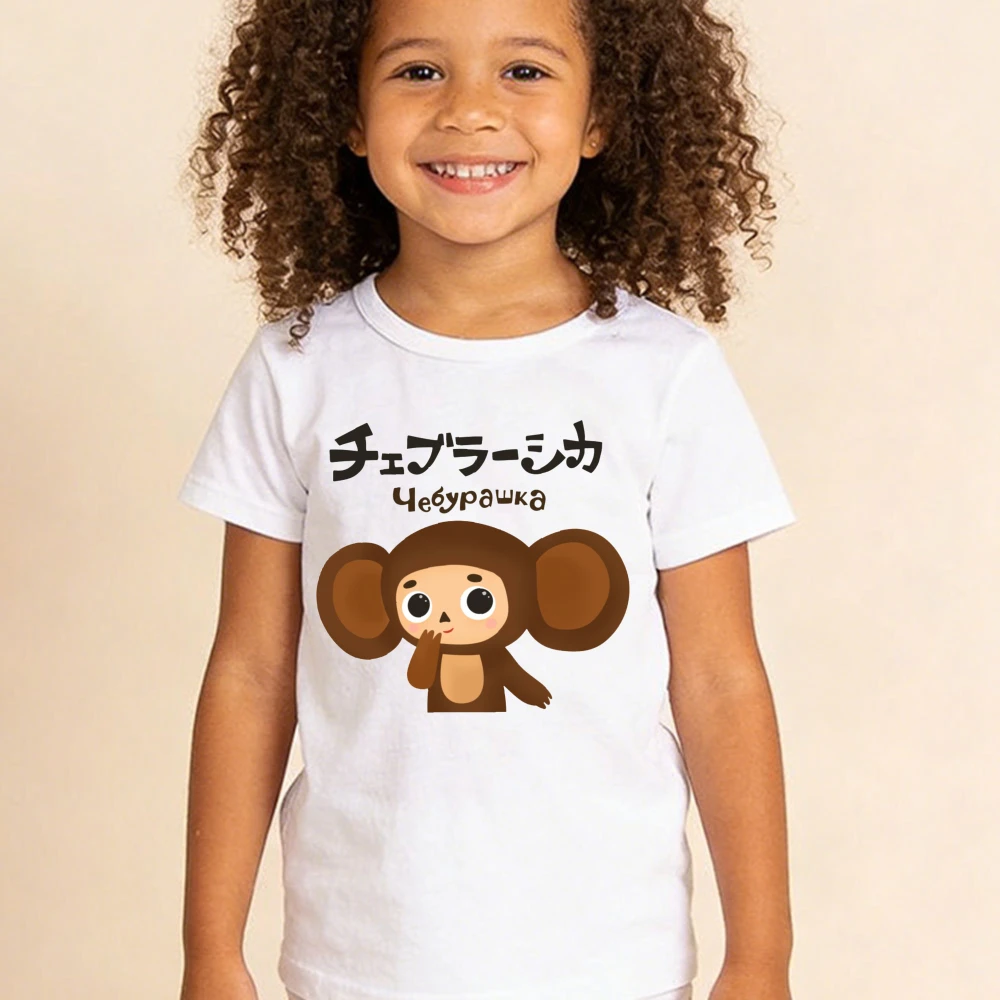 

Футболка с принтом Чебурашки, классические русские анимационные персонажи, детская повседневная футболка для мальчиков и девочек