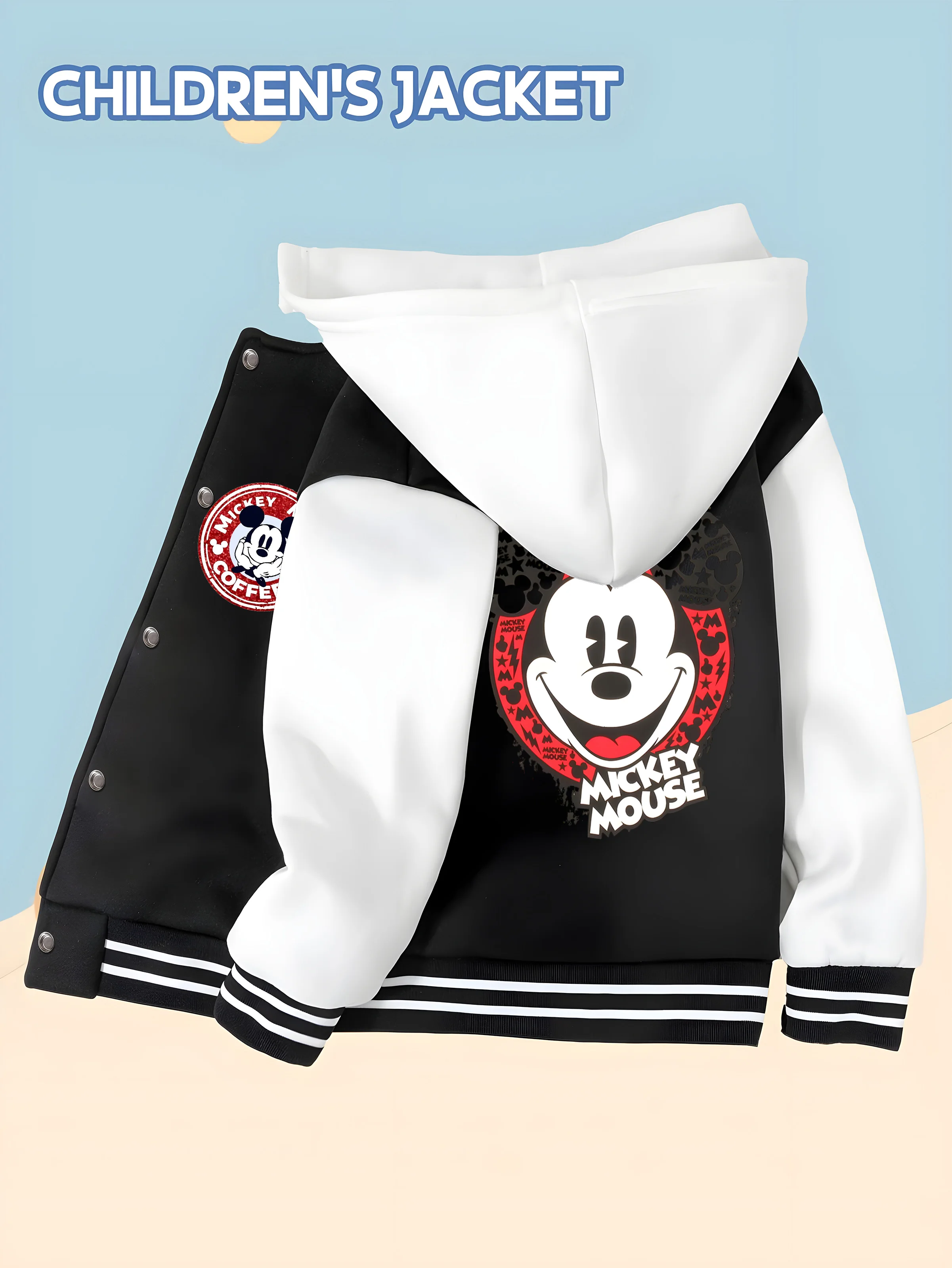 

MINISO Disney Mickey Mouse Cafe Baseball Jacket for Boys - Reversible Mickey Mouse on the Front and Back, Perfect for Party Wear