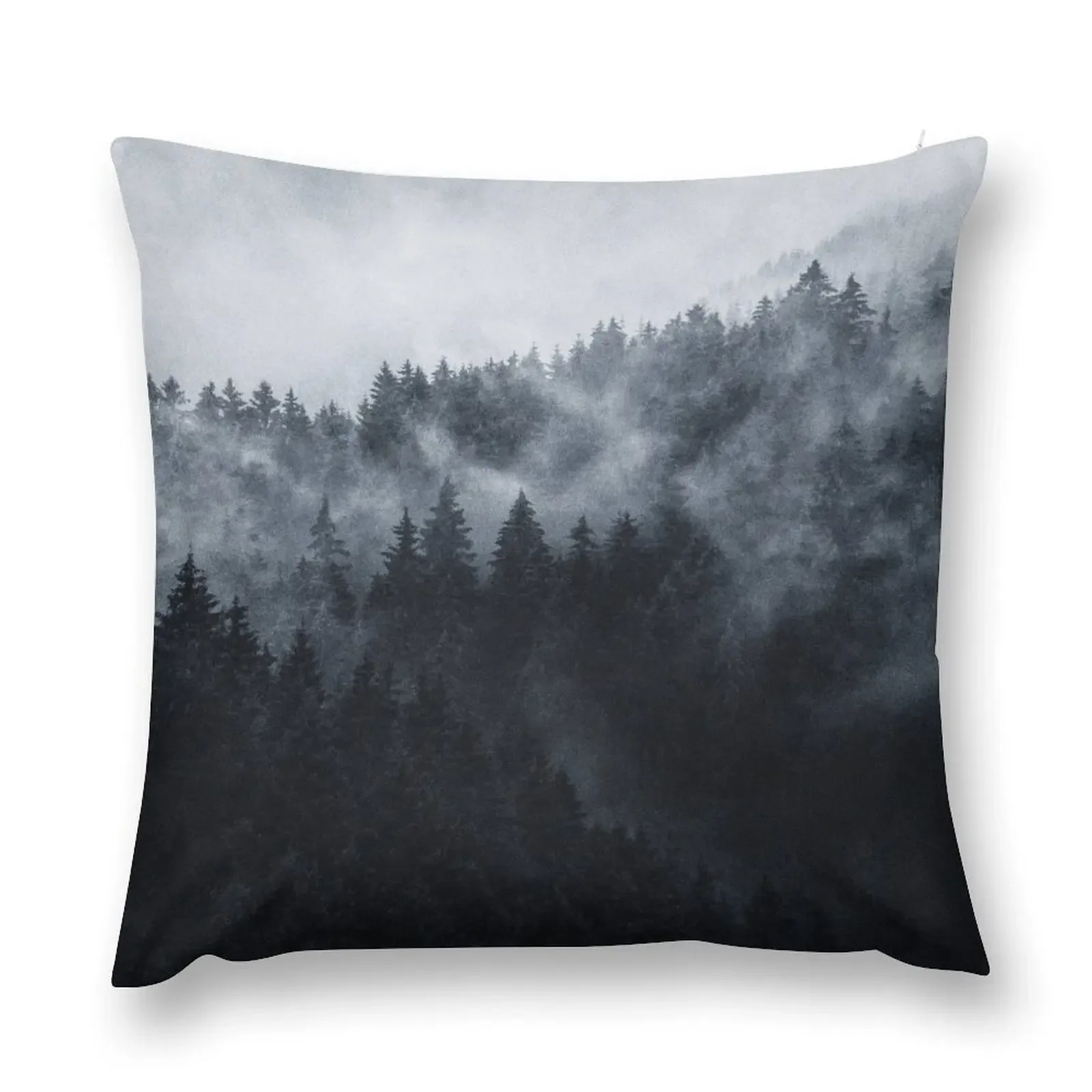 Excuse Me, I'm Lost // A New Error In A Misty Wilderness Fairytale Forest With Cascadia Trees Covered In Dark Blue Throw Pillow