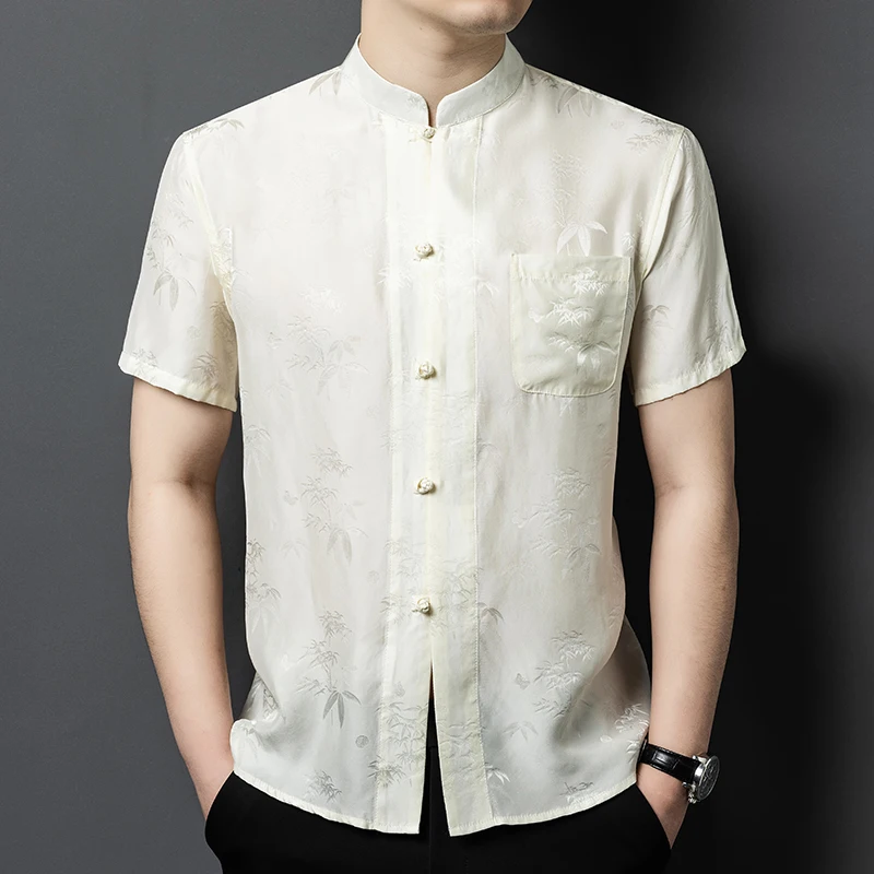 Chinese Style Silk Shirts For Men Short Sleeved Pocket Jacquard Summer Quality Soft Comfortable Satin Coolness Camisas De Hombre