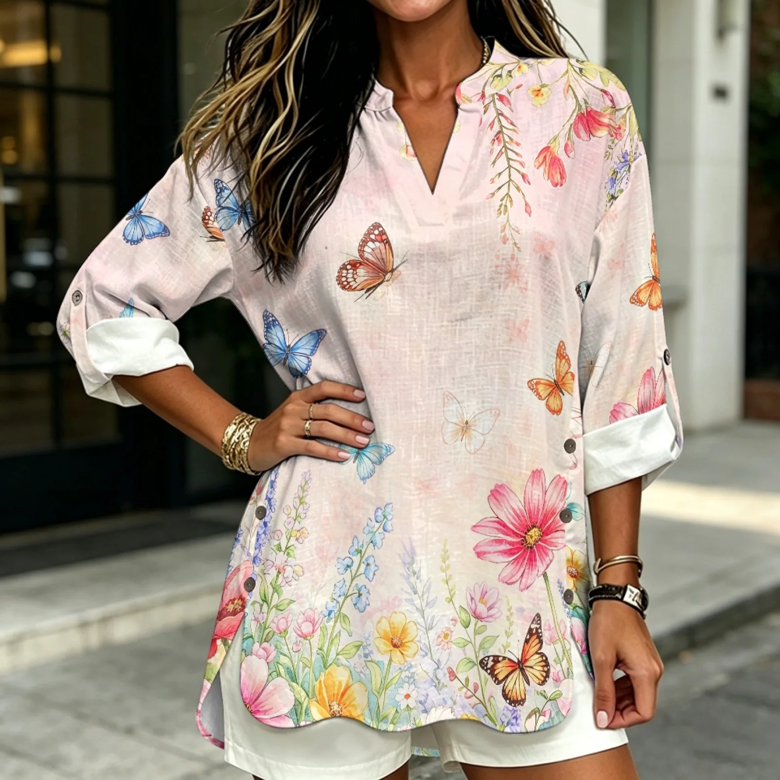 PENSTROLL Rolled Cuffed Linen Like Dressy Casual Blouses Relaxed Fit Women's Blouse for Travel Floral Butterfly