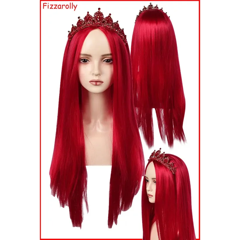 ชุดวิกผมและที่คาดผมคอสเพลย์ราชินีแห่งหัวใจสำหรับผู้หญิง สีแดง ชุดปลอมตัวจากทีวี Descendants พร้อมมงกุฎสำหรับฮาโลวีน งานคาร์นิวัล ชุดแฟนซีสำหรับผู้ใหญ่