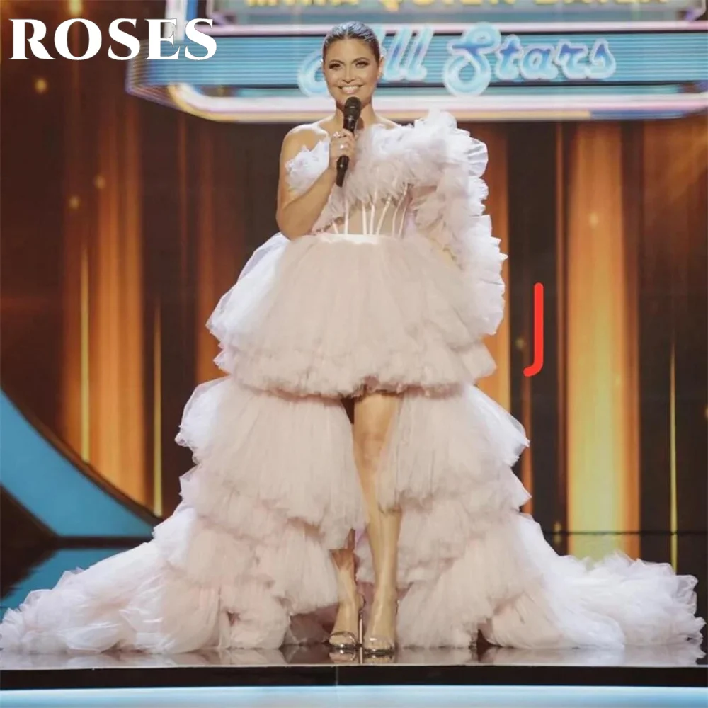 

ROSES Pink Tulle Elegant Prom Dress One Shoulder Formal Party Gown Pleats A-line High and Low Evening Dress for Woman Customized