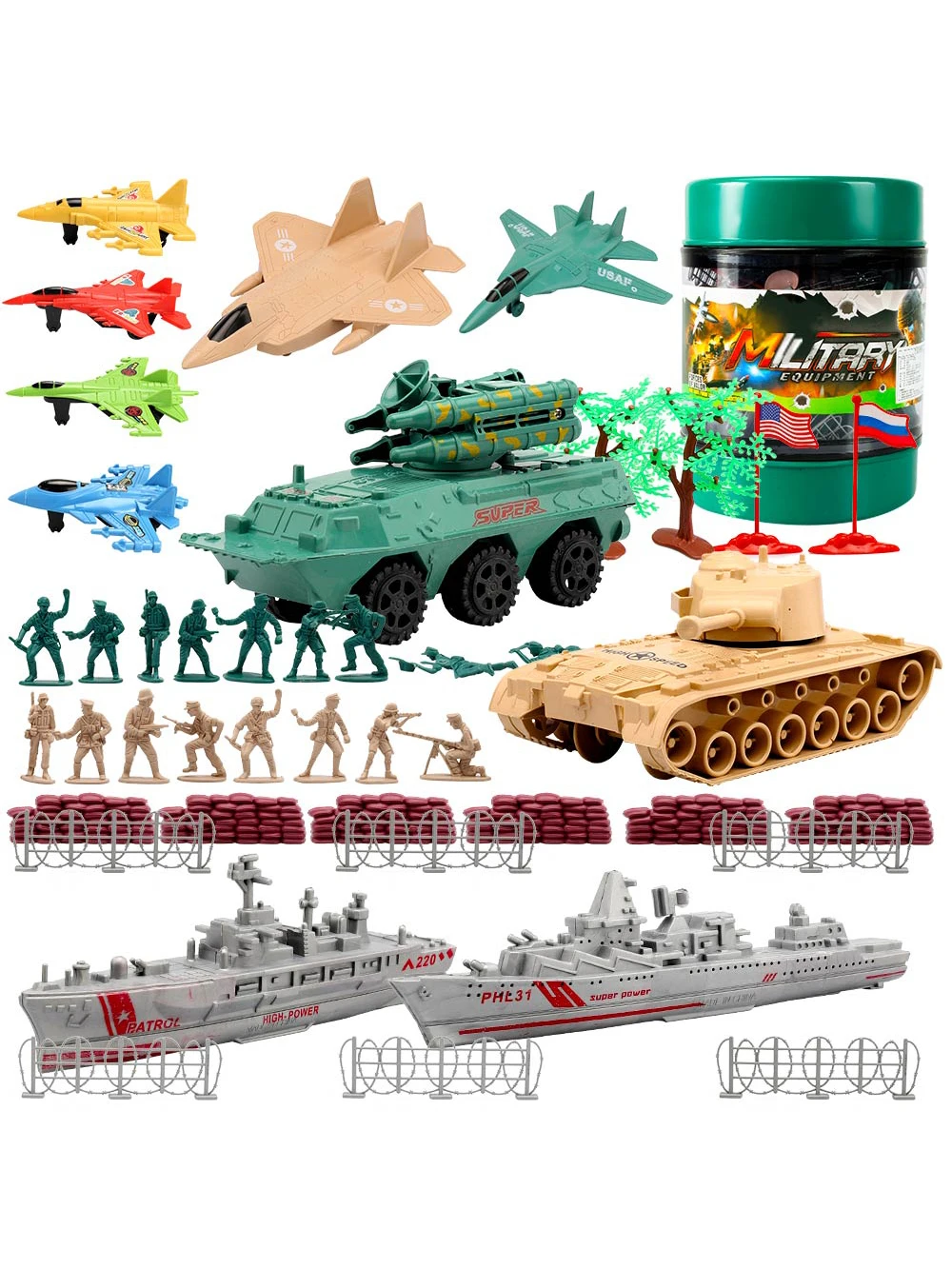 ViiKONDO Army Men Toy Military Playset Green Tan Soldier 48pcs Storage Bucket Modern War Tank Jet Warship Model Kid Wargame Gift