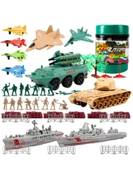 ViiKONDO Army Men Toy Military Playset Green Tan Soldier 48pcs Storage Bucket Modern War Tank Jet Warship Model Kid Wargame Gift