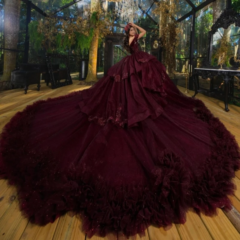 Red Shiny Quinceanera Dresses Ball Gown Off The Shoulder Applique Lace Beads Tiered Tull Corset Party Birthday Sweet 16 Dress