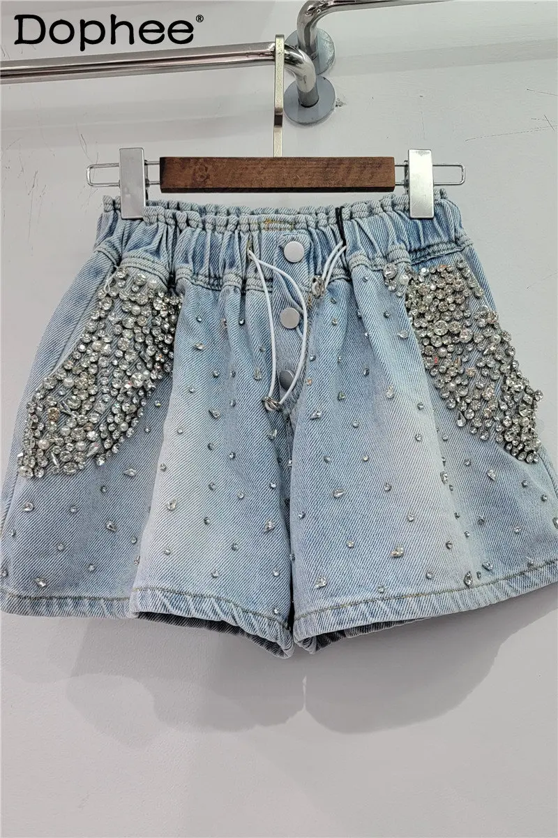 

2023 New Summer Shorts Outer Wear Heavy Industry Starry Hot Diamonds High Waist Slimming Wide-Leg Denim Shorts Women's Hot Pants