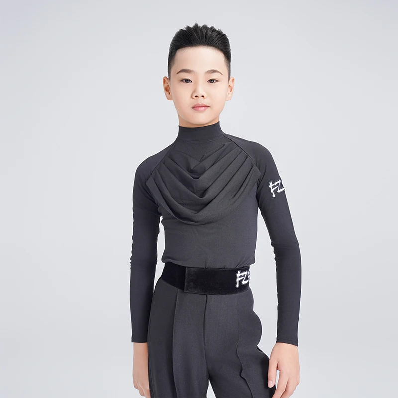 영국 라틴 댄스 드레스 남성용 블랙 하이넥 긴팔 탑 디자인 에디션 공연 훈련복