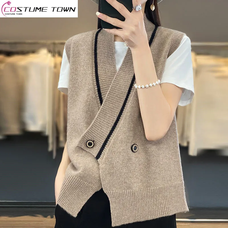 2023 New V-neck Sweater Women\'s Tank Top Knitted Cardigan Loose Spring and Autumn Sweater Coat Sleeveless Tank Top