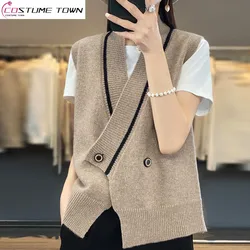 2023 New V-neck Sweater Women's Tank Top Knitted Cardigan Loose Spring and Autumn Sweater Coat Sleeveless Tank Top