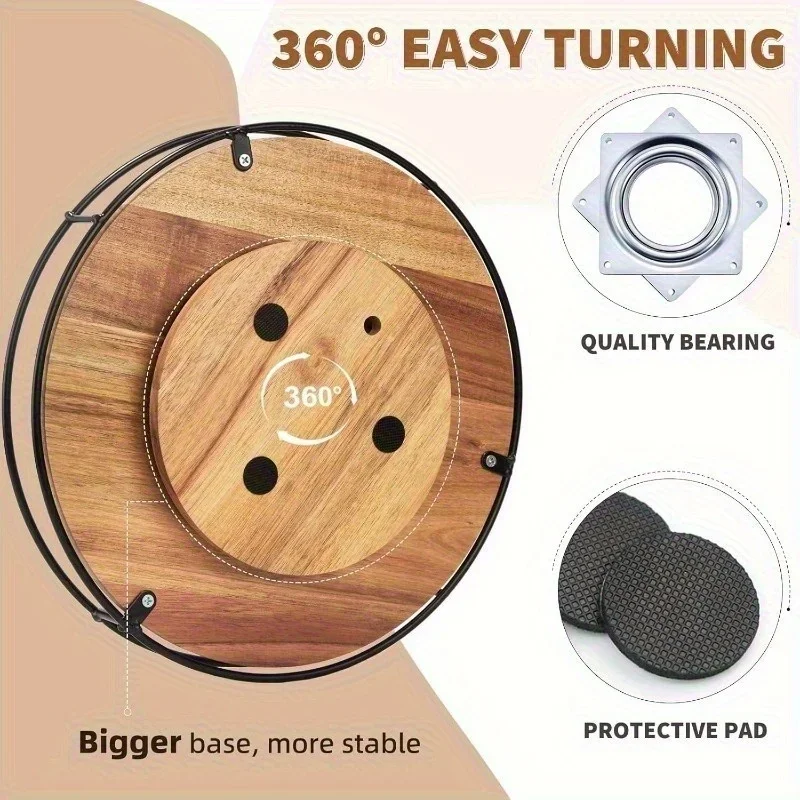 1Pc 12 Inch Lazy Susan Turntable Rustic Brown with Steel Frame 360° Rotating Organizer for Table Countertop Cabinet Centerpieces