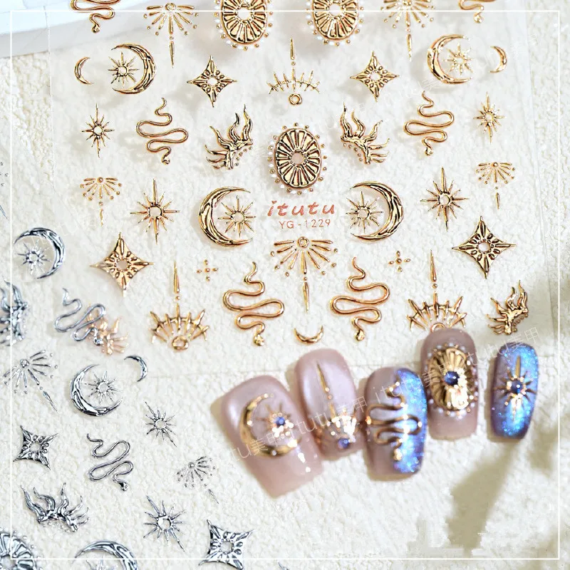 

Art Gold Silver Snake Stars Nail Sticker Water Decal Nail Sticker Press on Stars Moon Totem Decal Stickers Nail Decoration