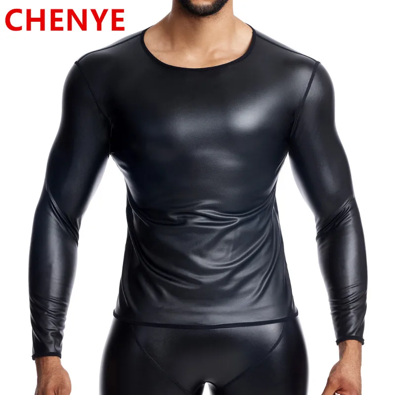 Mens Sexy Long Sleeve Leather T-Shirt Slimming Underwear Body Shapers Waist Trainer Corsets Tummy Belly Shapewear Leather Shirts