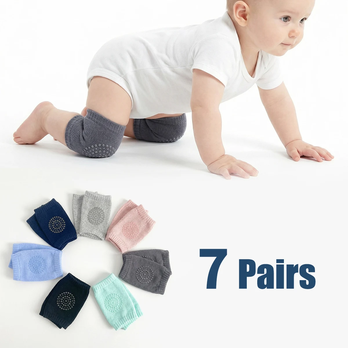 Packung mit 7 Paar Baby-Knieschonern, einfacher einfarbiger Basic-Stil, rutschfest, mittlere Dicke, für alle Jahreszeiten geeignet, Unisex.