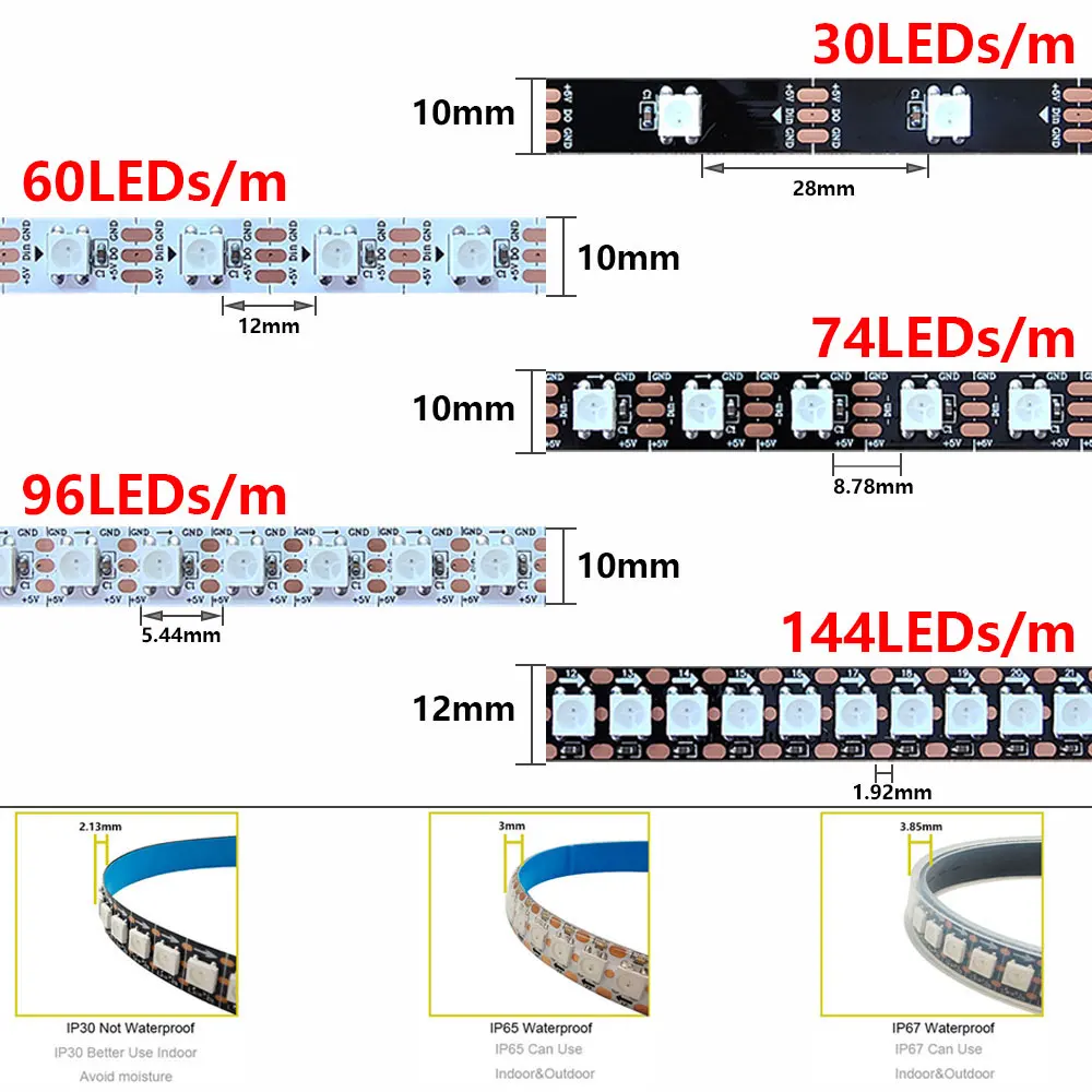 DC5V WS2812 Led Strip Light.WS2812B Individually Addressable RGB LED Light 30/60/74/96/144Leds/m Black White PCB IP30 IP65 IP67