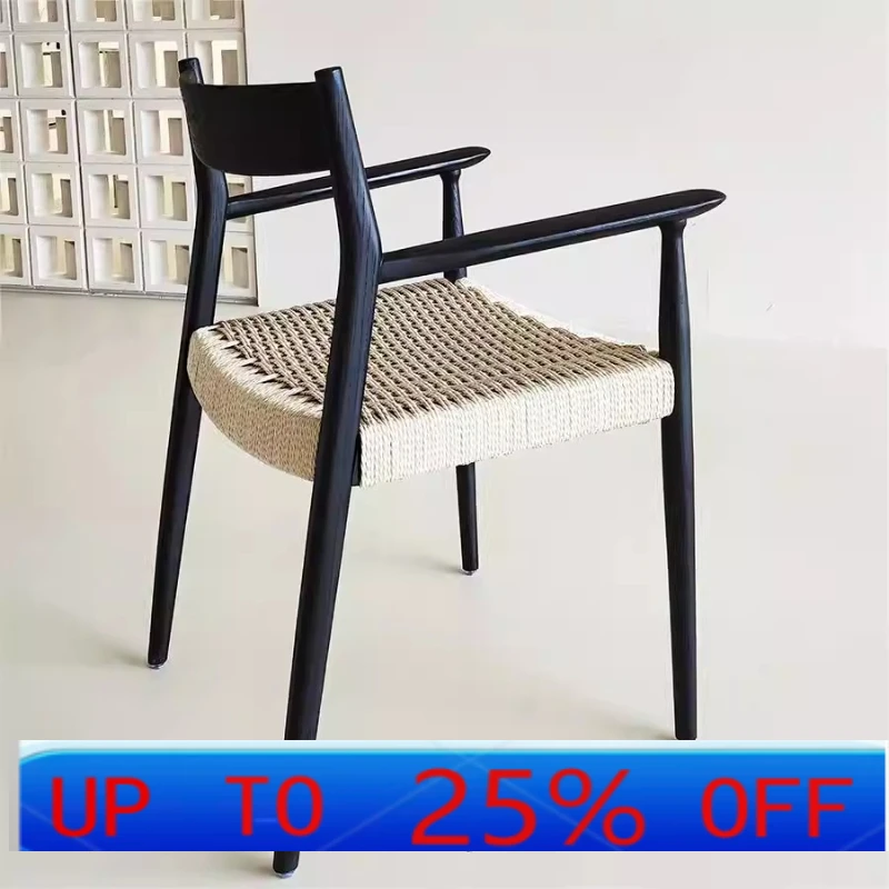 

LH Solid Wood Dining Chair Home Dining Backrest Chair Simple Rope Armchair