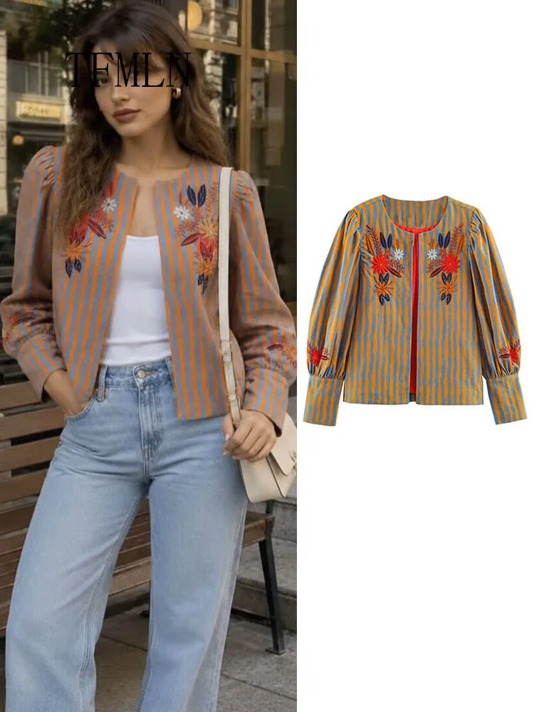 TFMLN 2026 Women Embroidery Jacket Retro New TFMLN 2026 Round Collar Elegant Long Sleeve High Street Coat Striped Casual Fashion