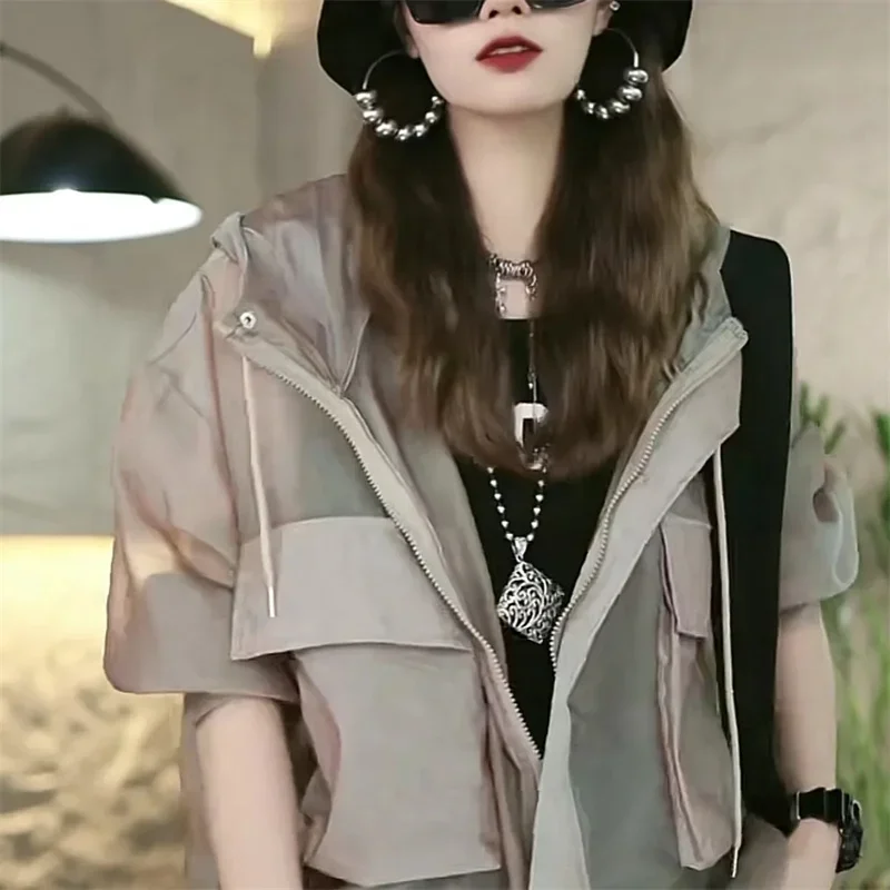 

Pop Senior Sense Light Thin Let In Air Sunscreen Clothing Women's Spring And Summer New Loose Pocket Tide Hooded Drawstring Coat
