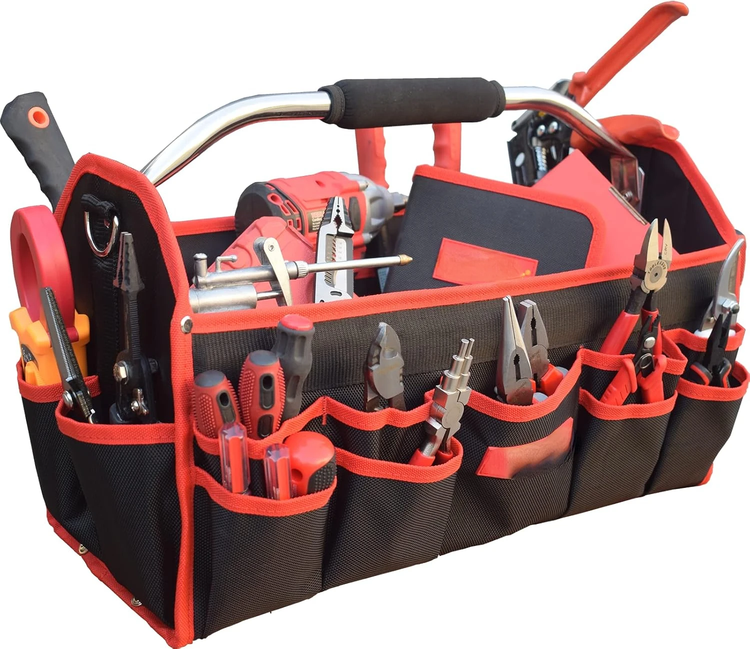 19 Inches Heavy Duty Tool Bag 25 Pockets, 1680D Fabric Tool Bags with Strong Molded Base