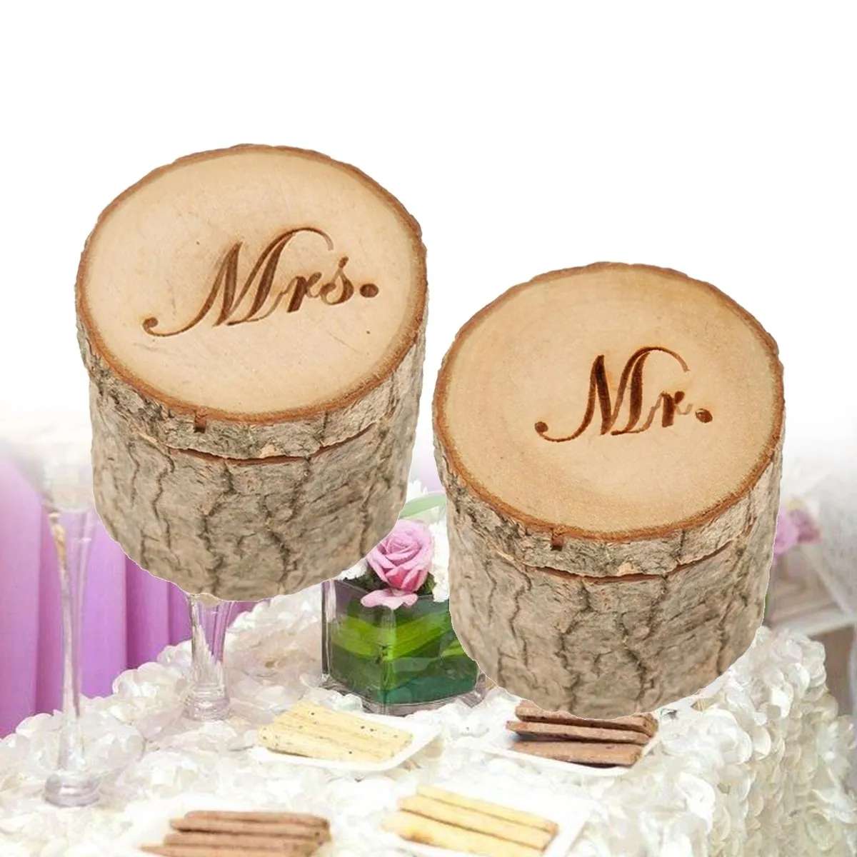 2Pcs Wedding Ring Box Wooden Rustic Mr Mrs Engraved Natural Wood Engagement Proposal Keepsake Jewelry Storage Holder