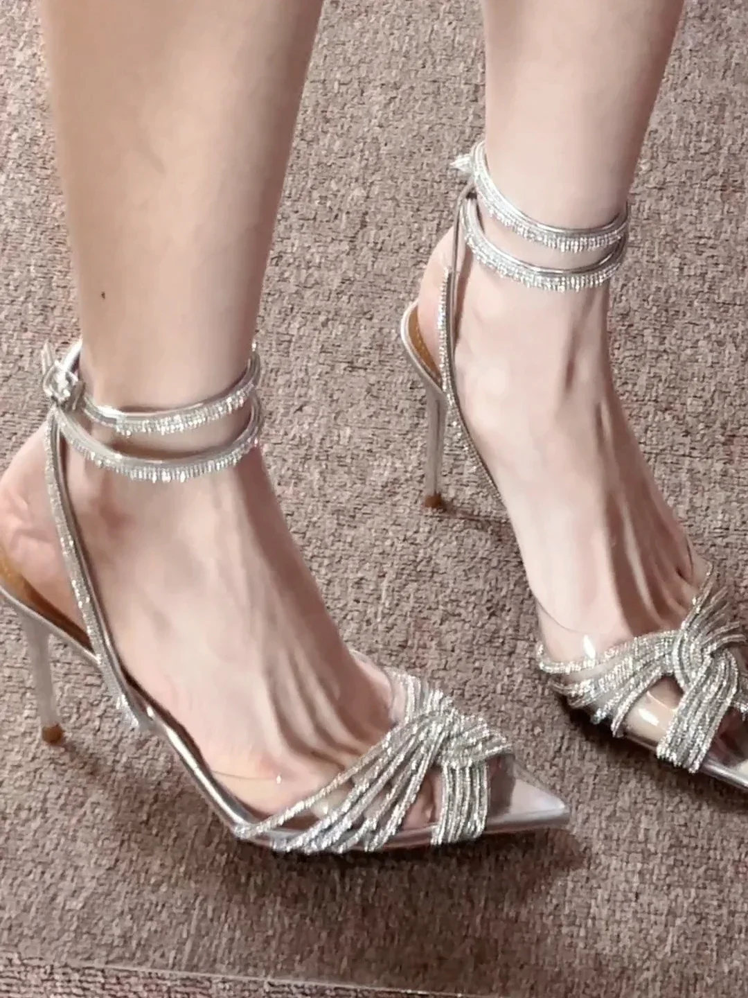 

2025 New Transparent Cross Strap High Heels with Pointed Water Diamond Fine Heels Sandals Fairy Style, Ladies' Shoes, Back Empty