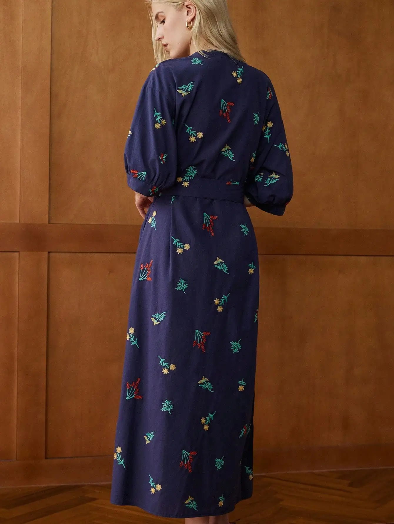 

Elegant Retro Stand Collar Half Sleeve Embroidered Belted Midi Dress Women Casual Cotton