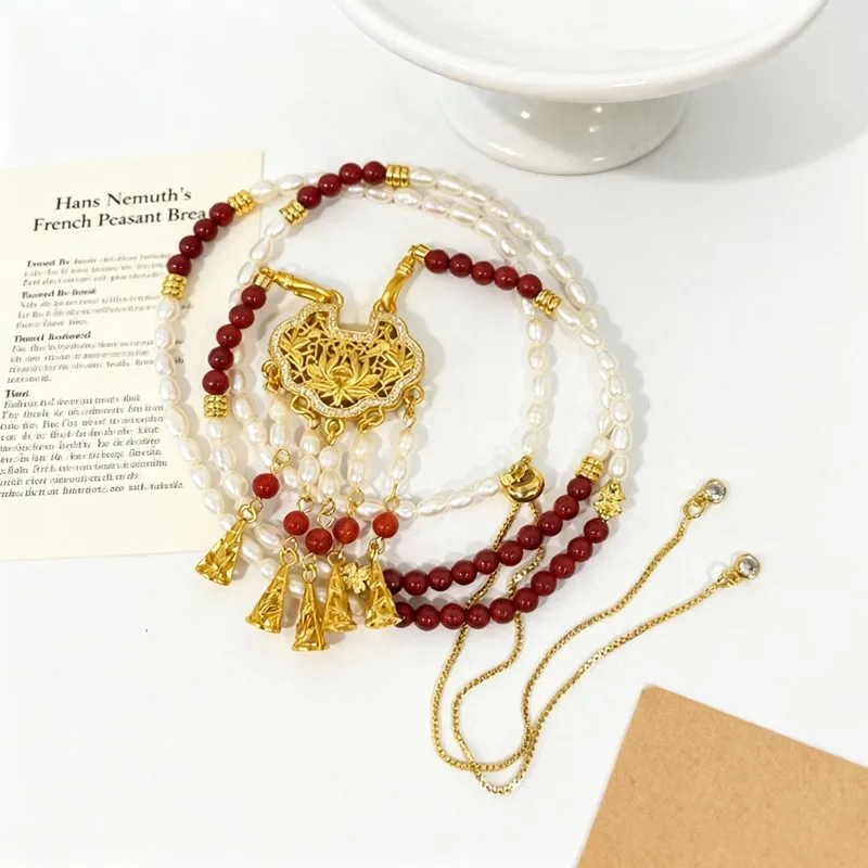 Freshwater pearl adjustable transfer gourd compass peace button pendant sweater chain.