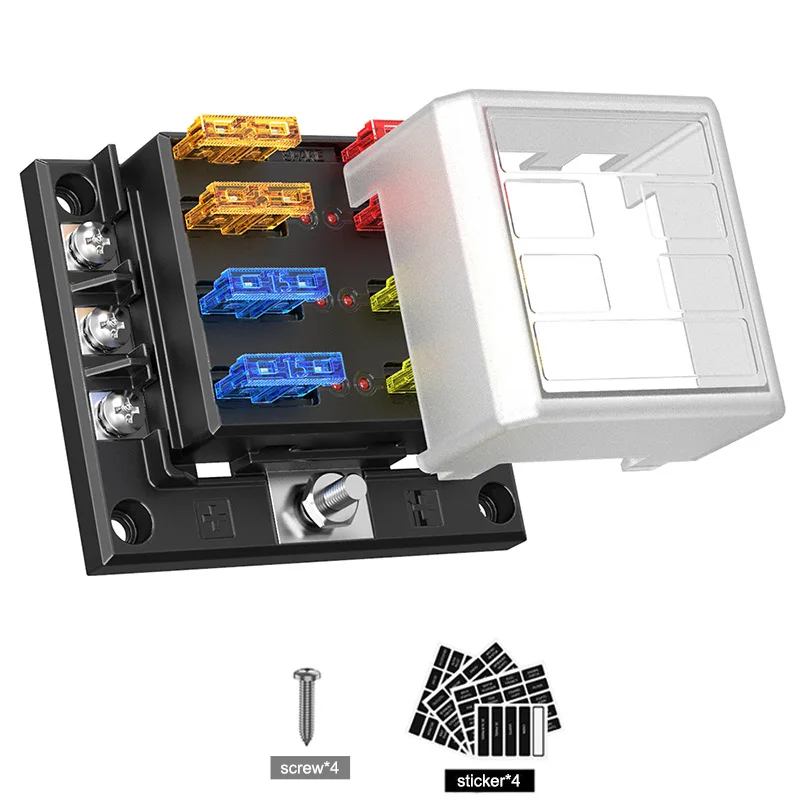 New 6-way fuse box with LED indicator light One in 6 out fuse holder does not contain fuse