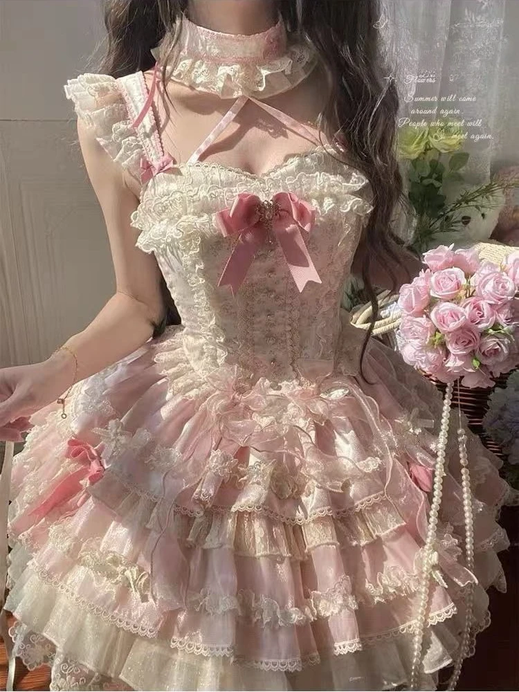 Słodka Sukienka Lolita w Kolorze Różowym dla Kobiet, Projekt Kawaii, Patchworkowa, z Kokardą, Koronkowa Sukienka na Ramiączkach, Moda Dziewczęca, Urocza, Śliczna Sukienka w Stylu Wróżki