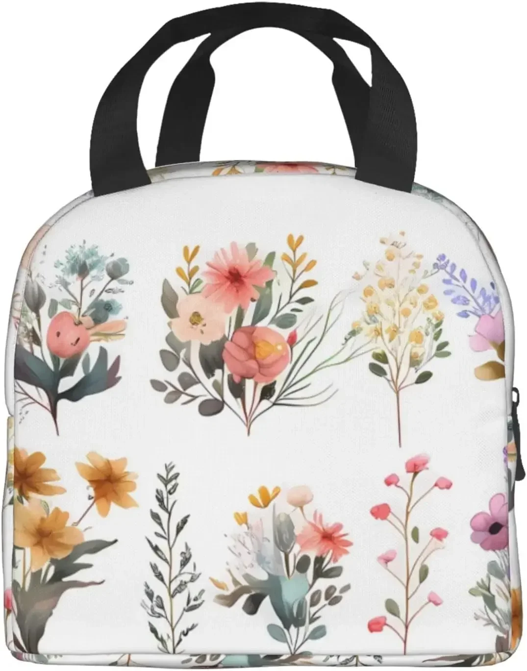 Bouquet Set Handdrawn Wildflowers Insulated Lunch Bag  Thermal Freezable lunch Tote Waterproof Bento Lu nch Box Women Men L unch