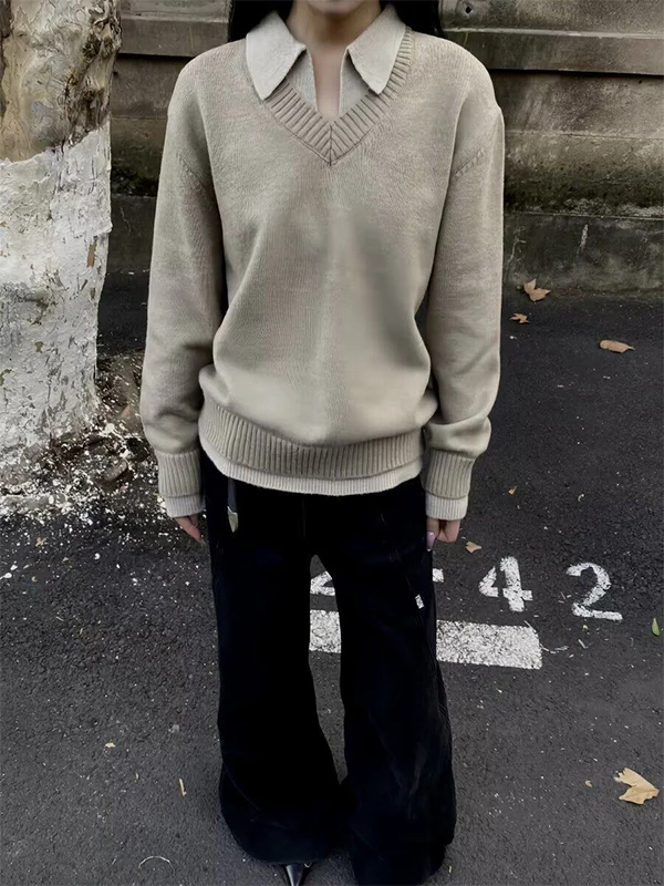 

Ретро-корейский вязаный свитер свободного кроя с воротником-стойкой, мужской, зимний, теплый, для ношения под одеждой, с эффектом двухслойности