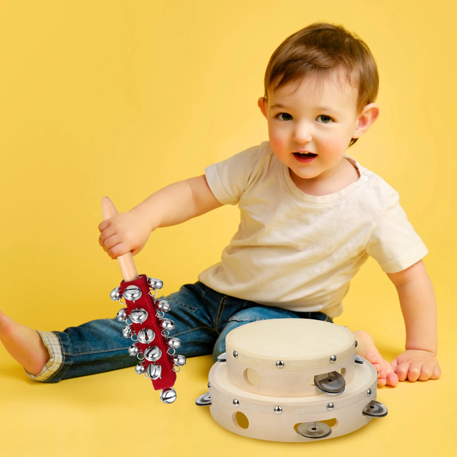 

4pcs ff Percussion Instruments Set 1 Velvet Bell Stick 1 Hand Tambourine 6inch 8inch Tambourines Fun Children Music