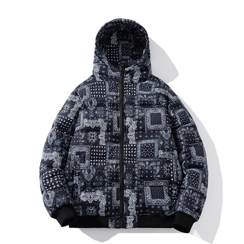 Winter Padded Jacket Men Bandana Print Patchwork Cotton Coat Thick Warm Hooded Varsity College University Outerwear New 2024 Z1