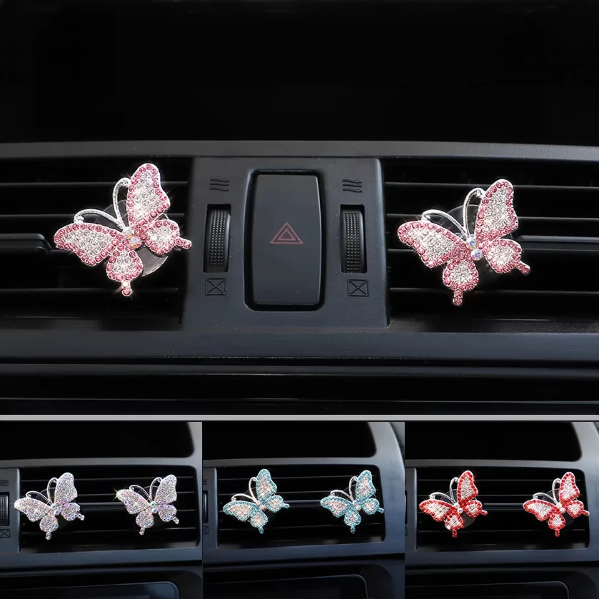 Blingbling Diamond-Encrusted Butterfly Car Air Vent Decorations Zinc Alloy Glittering Women's Car Accessories Two Pieces