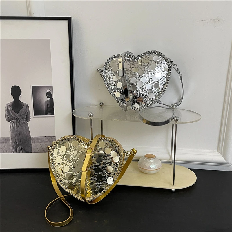 Gold Sequin Heart Shape Crossbody Bag Women Evening Party Clutch Purse Fashion Sparkly Shoulder Handbag With Adjustable Strap view 6