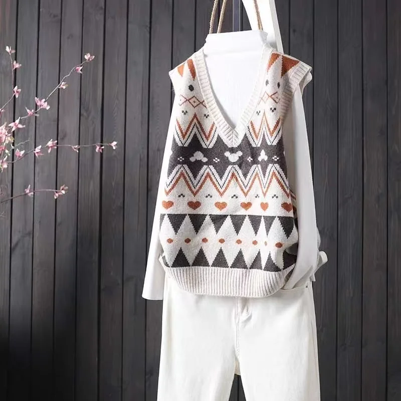 

Женский вязаный жилет-топ в европейском стиле, осенне-зимний свитер с V-образным вырезом, в стиле пэчворк, для повседневной носки, стандартной длины
