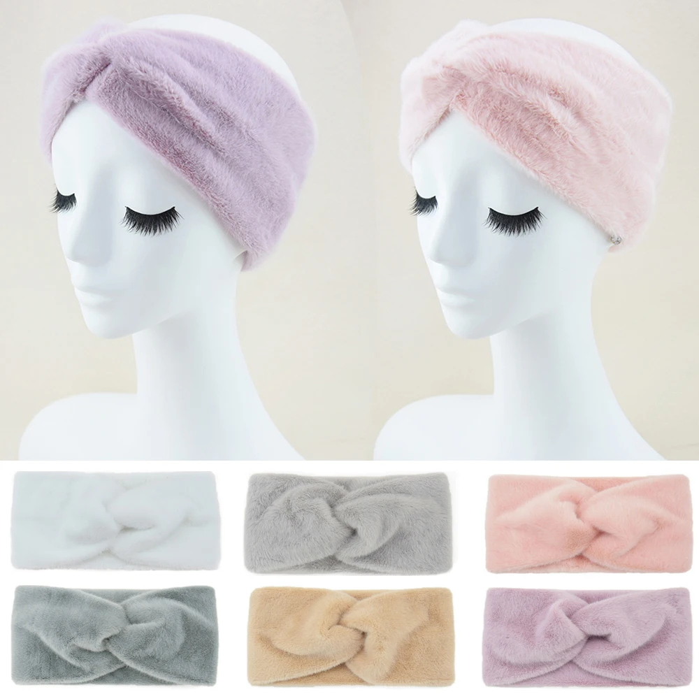 New Plush Headband Winter Imitation Mink Fur Cross Hair Band Warm Solid Wide Turban Headwrap Soft Elastic Ear Warmer Hairband