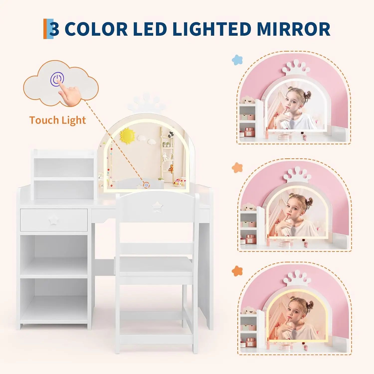 Kids Vanity Set with Lighted Mirror, 2-in-1 Princess Toddler Vanity Table & Chair Set with Open Bookshelf, Storage Cabinet & Shelves, for Little Girls view 3