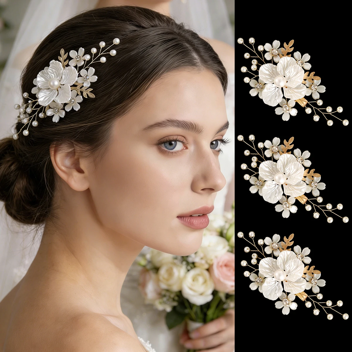 

3Pcs Delicate White Flower Pearl Bridal Hair Clip Elegant Floral Hairpin Sparkling Rhinestone Wedding Hair Accessories For Women