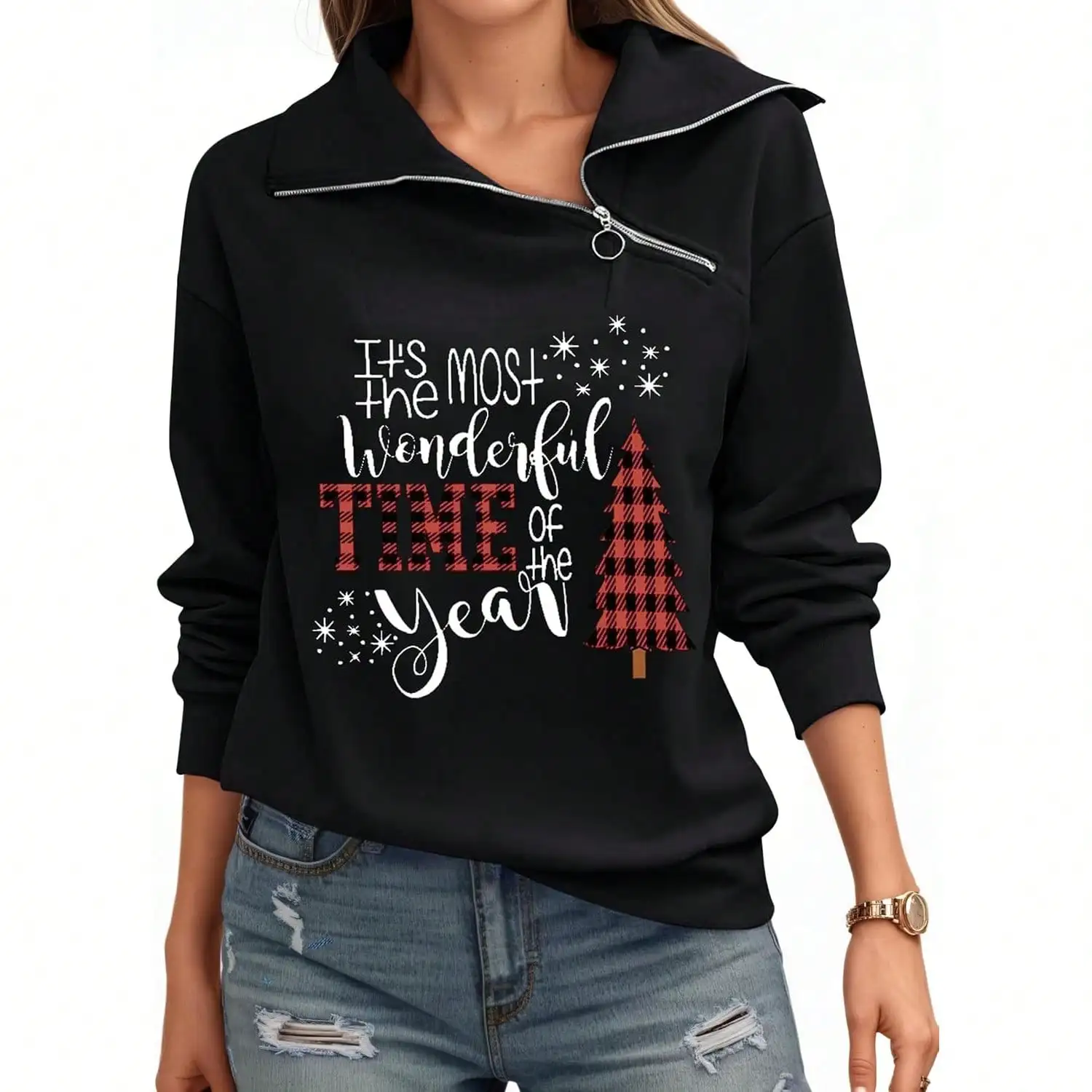 Fisoew women's Athleisure Zipper Turtleneck Sweatshirt, Long Sleeve Casual Pullover Top, Loose Fit Loungewear | Cozy Sweatshirt