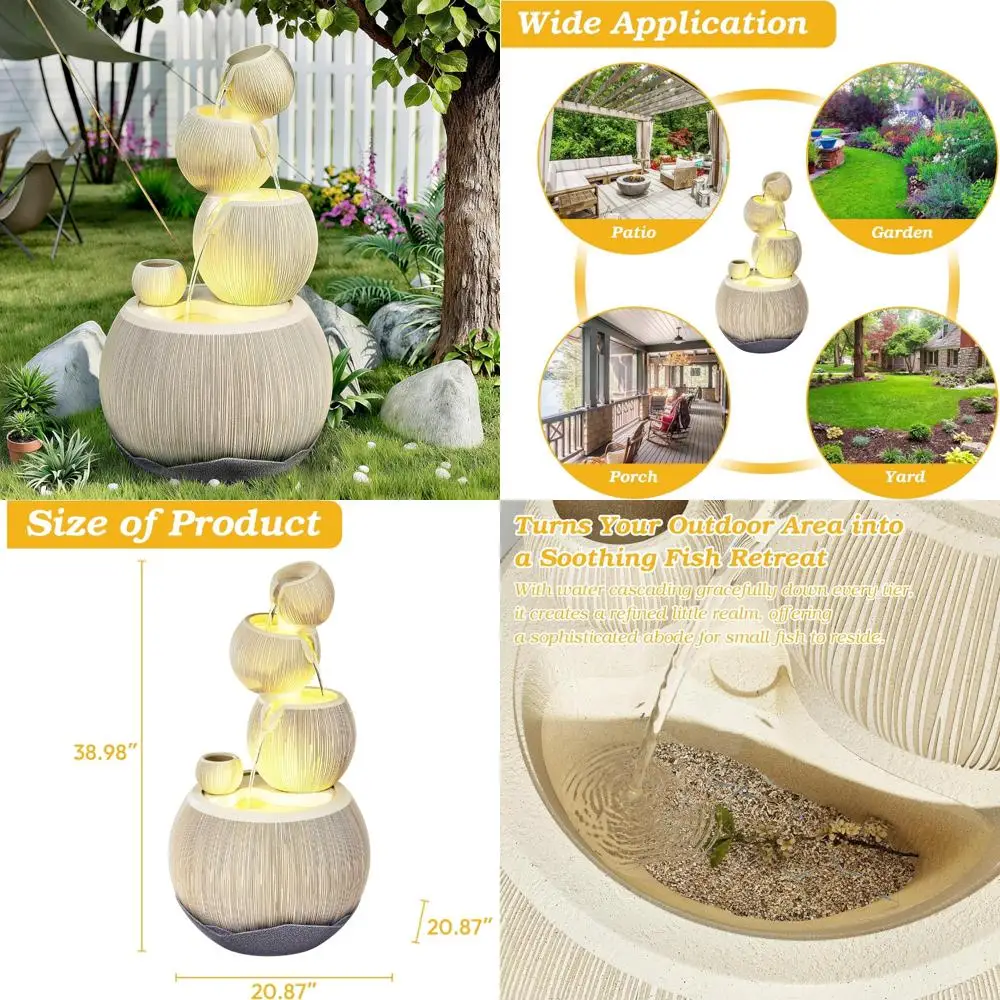 39H Outdoor Garden Water Fountain, 4-Tier Large Waterfall Resin Fountain with LED Lights, Mini Aquarium for Garden and Patio